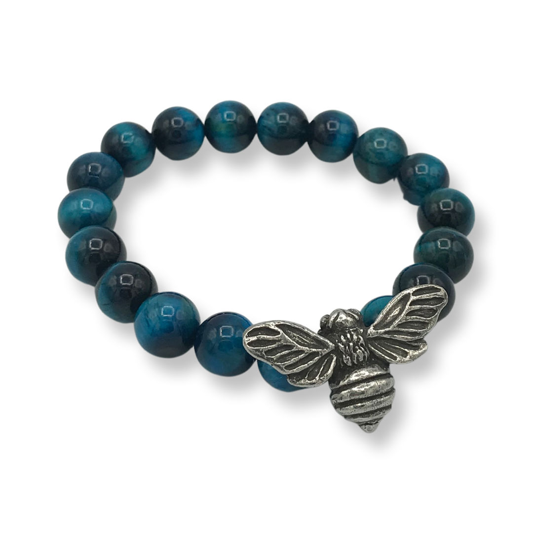 Mystic Blue Tiger's Eye Bracelet with Pewter Bead - 7.5"