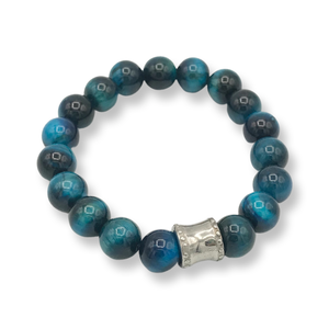 Mystic Blue Tiger's Eye Bracelet with  Stainless Steel Bead Bead - 7.5"