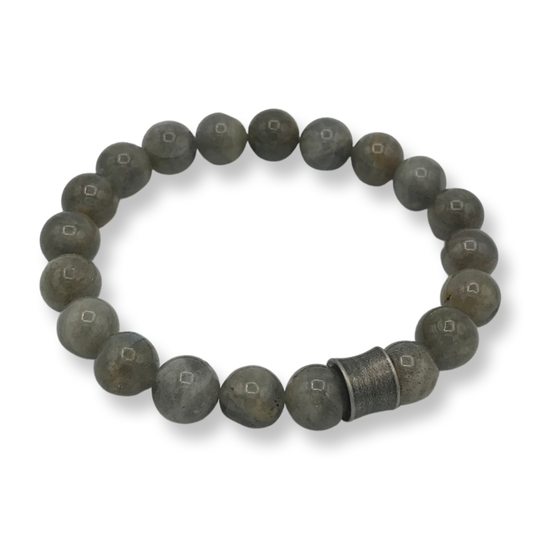 Labradorite Bracelet with Stainless Steel Bead - 8"