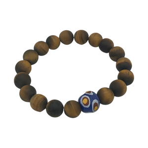 Tiger's Eye Bracelet with Hand Painted Ghana Bead - 8"